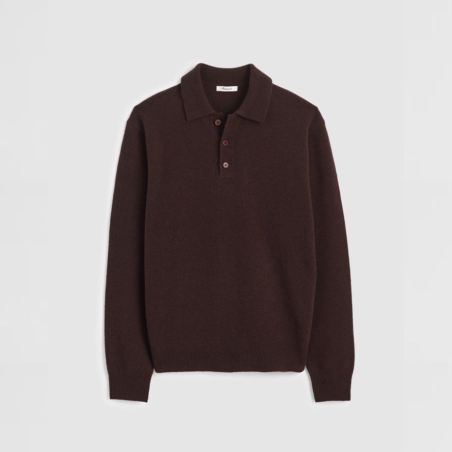 brun foncé mens madewell patrimoine laine mérinos pull polo