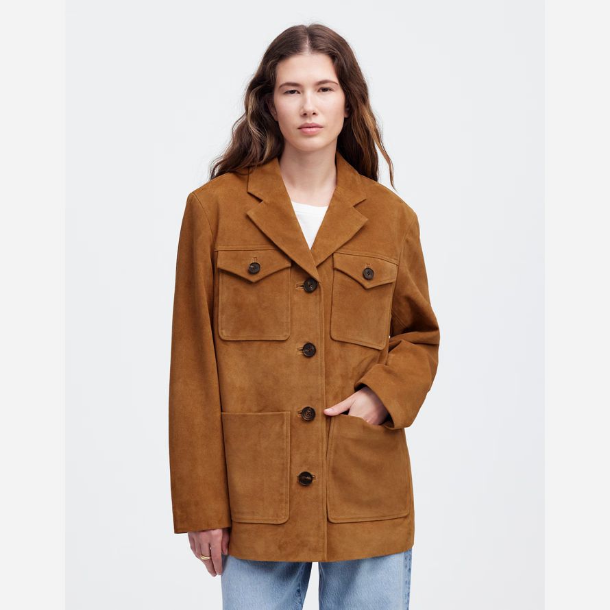womens madewell longue corvée suede blazer marron