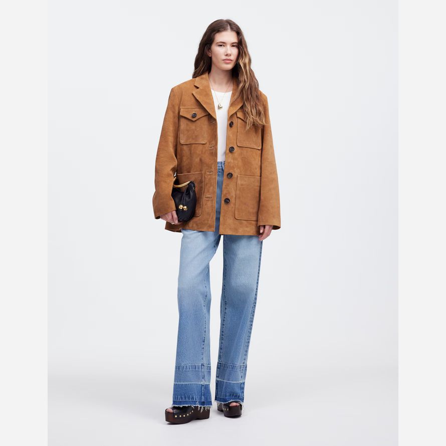 womens madewell longue corvée suede blazer marron