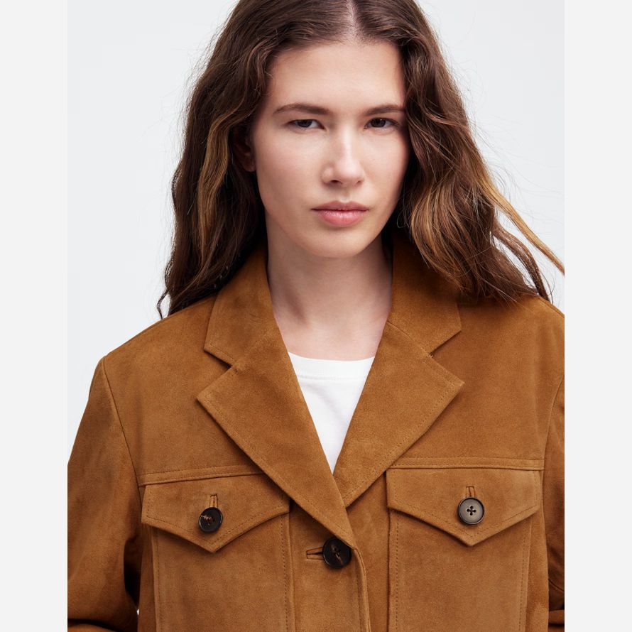 womens madewell longue corvée suede blazer marron