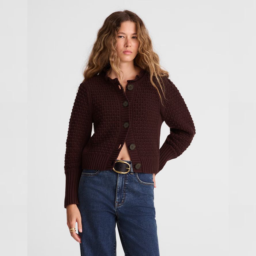 brun foncé madewell festonné en laine mérinos mélange womens cardigan