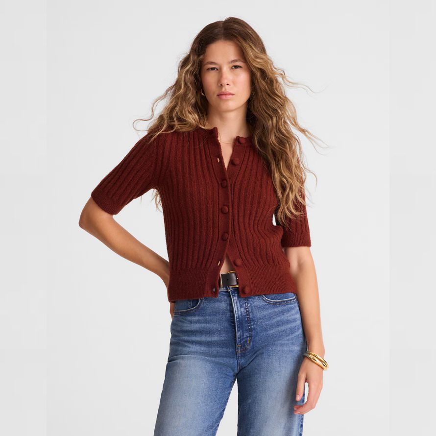brun-rouge madewell souffle court À manches femmes cardigan