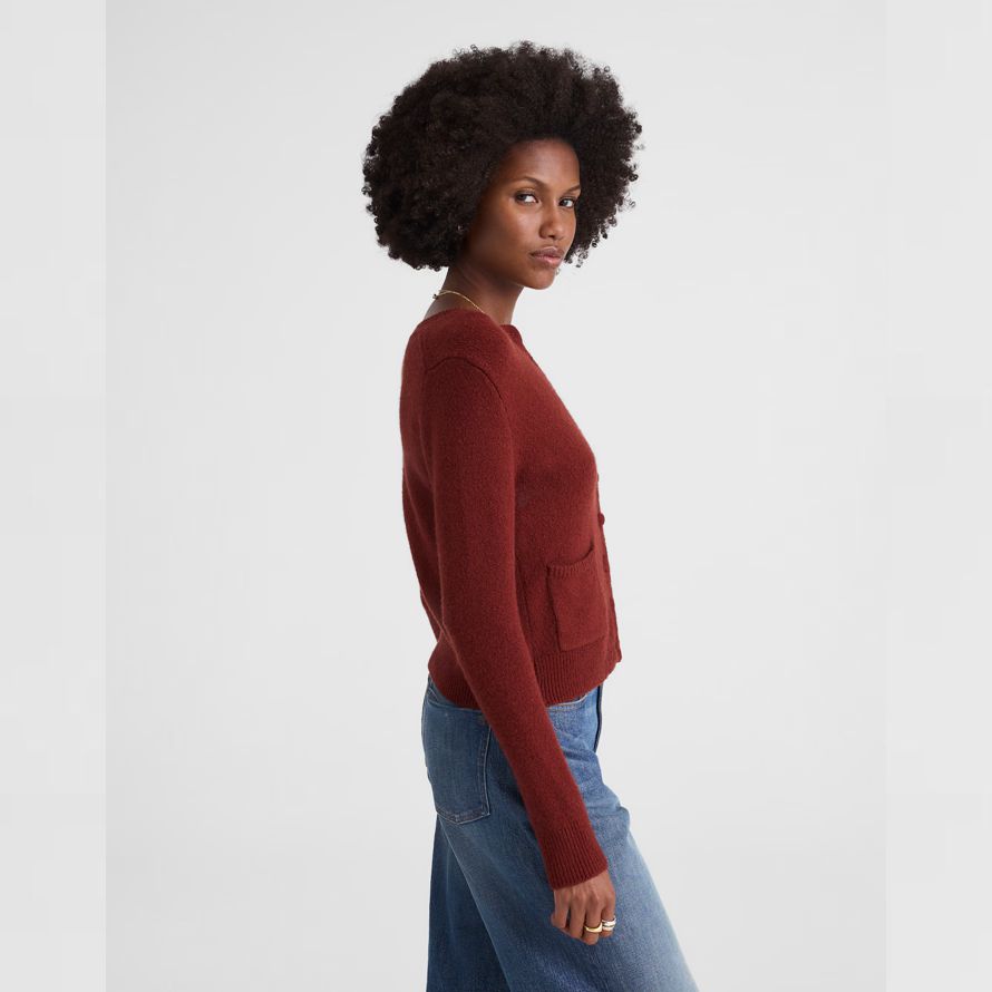 womens madewell patch-poche en mélange de coton cardigan rouge brun