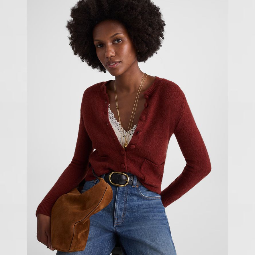 womens madewell patch-poche en mélange de coton cardigan rouge brun