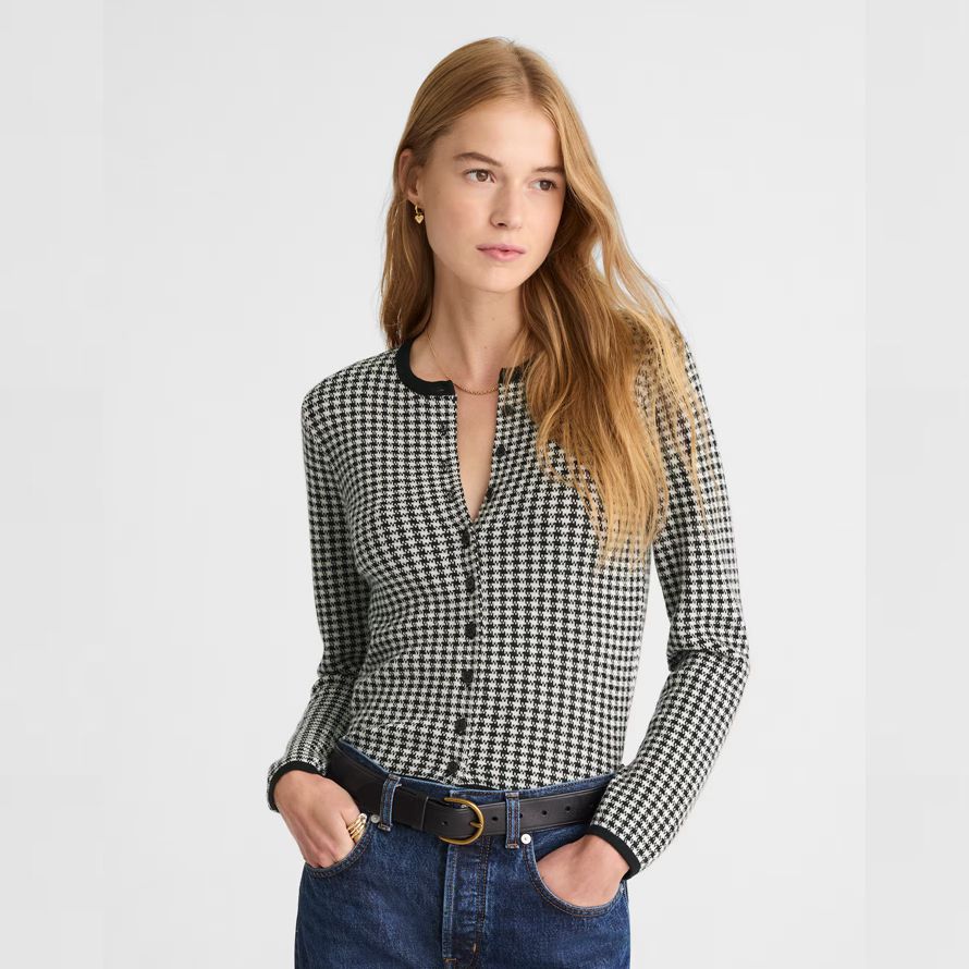 womens madewell pied-de-poule encolure ras du cou 100 laine merino cardigan noir blanc