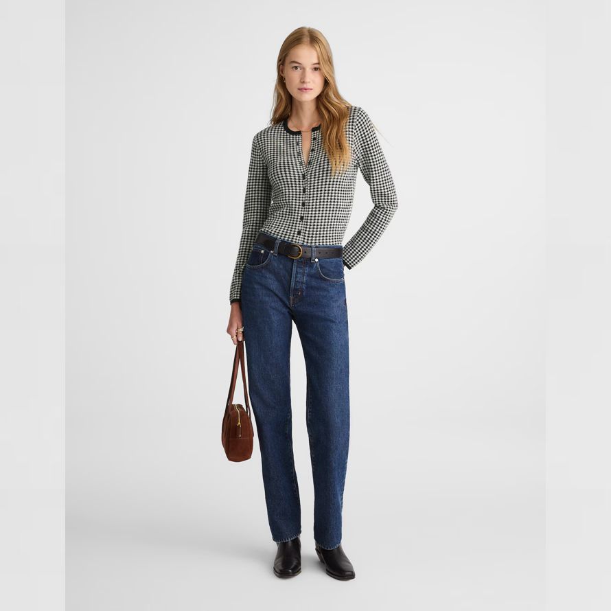 womens madewell pied-de-poule encolure ras du cou 100 laine merino cardigan noir blanc