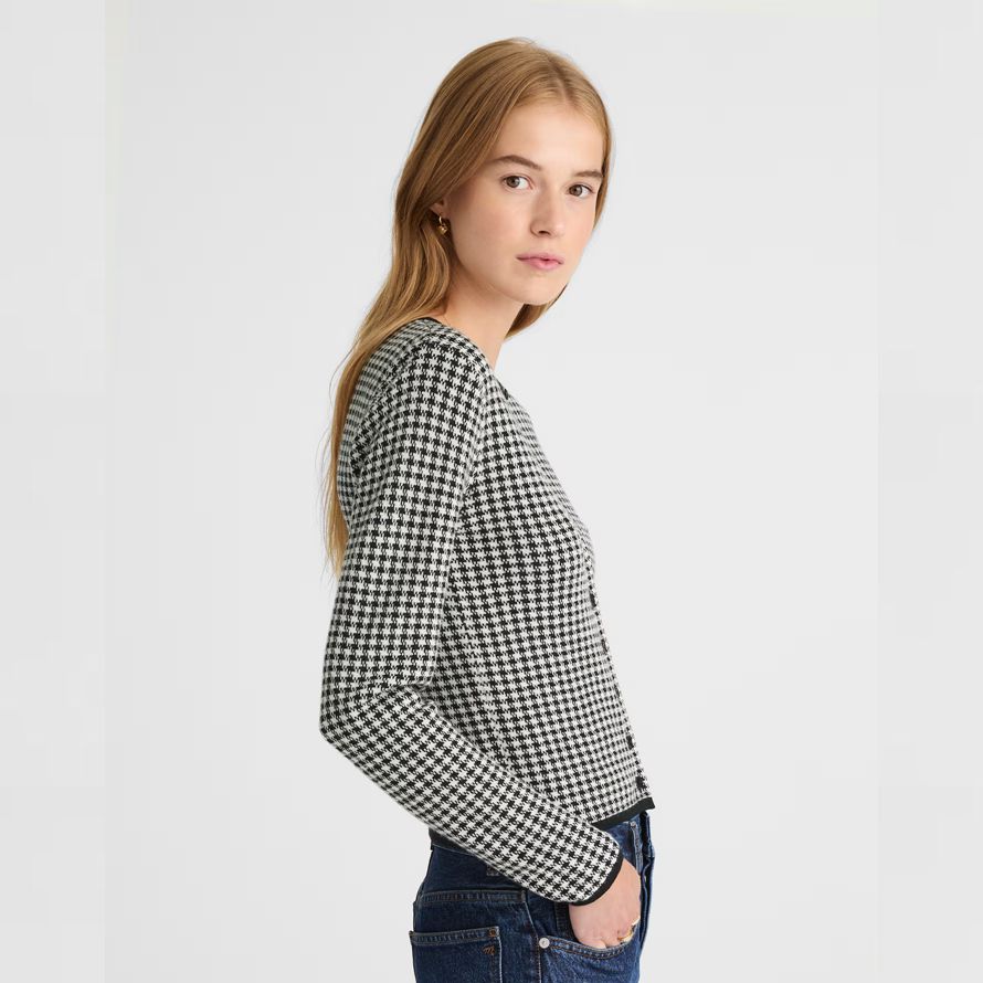 womens madewell pied-de-poule encolure ras du cou 100 laine merino cardigan noir blanc