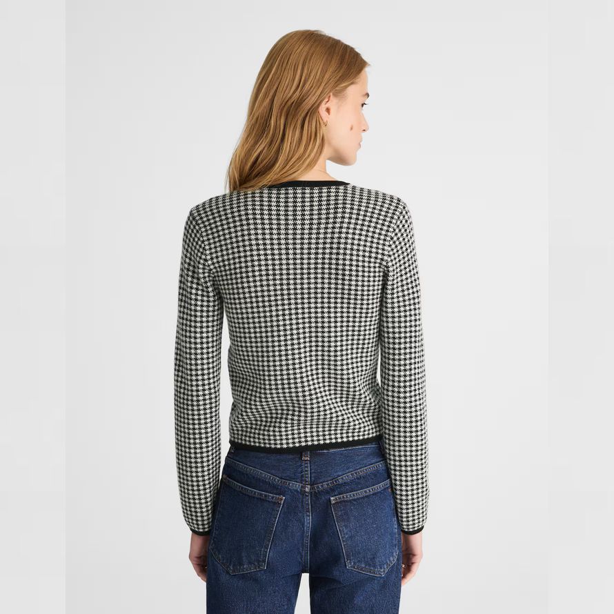 womens madewell pied-de-poule encolure ras du cou 100 laine merino cardigan noir blanc