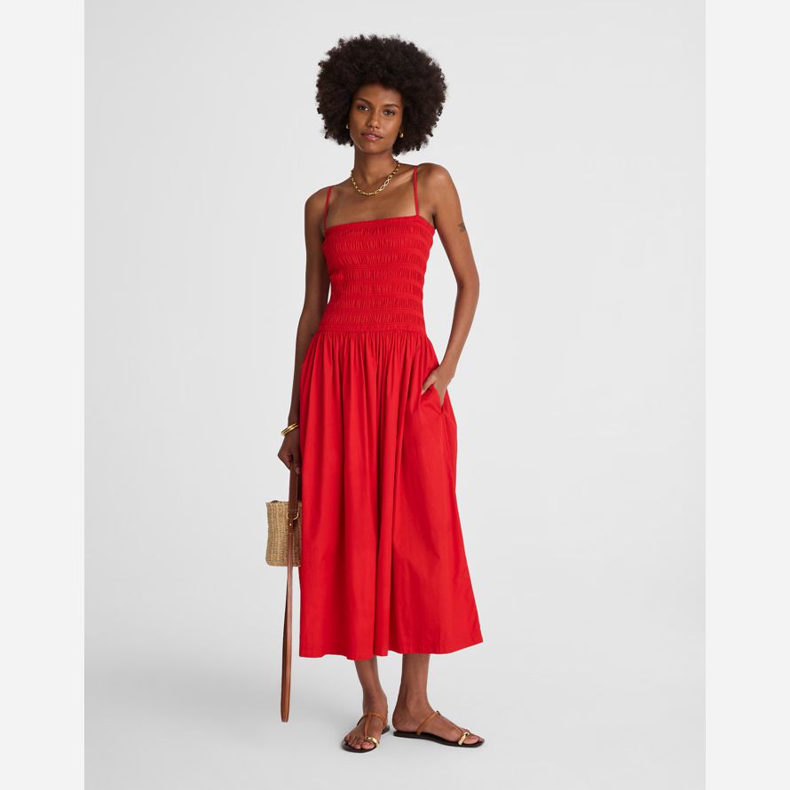 womens madewell popeline smockée maxi robe rouge