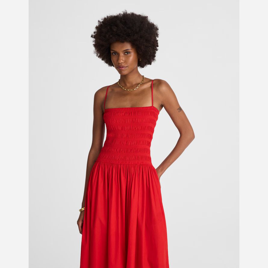 womens madewell popeline smockée maxi robe rouge