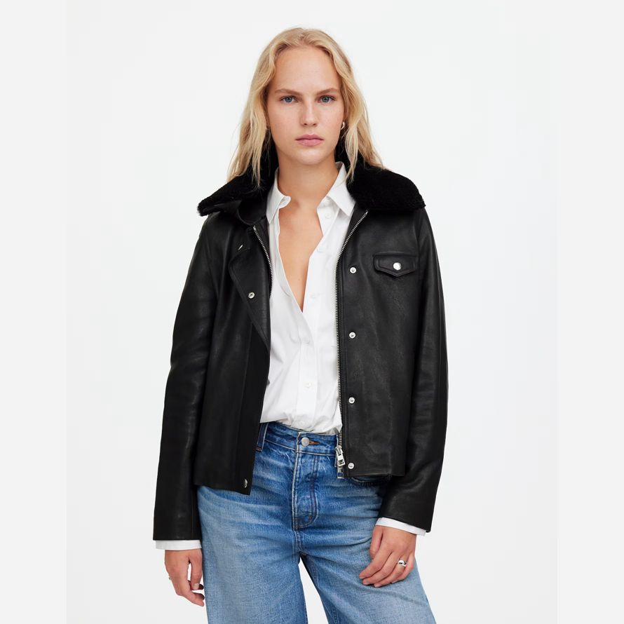 noir madewell sherpa-col asymétrique À zip en face womens veste en cuir