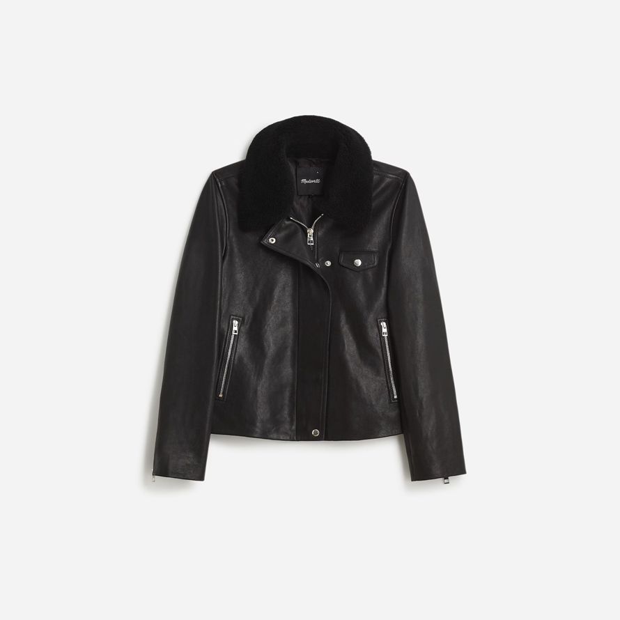 noir madewell sherpa-col asymétrique À zip en face womens veste en cuir