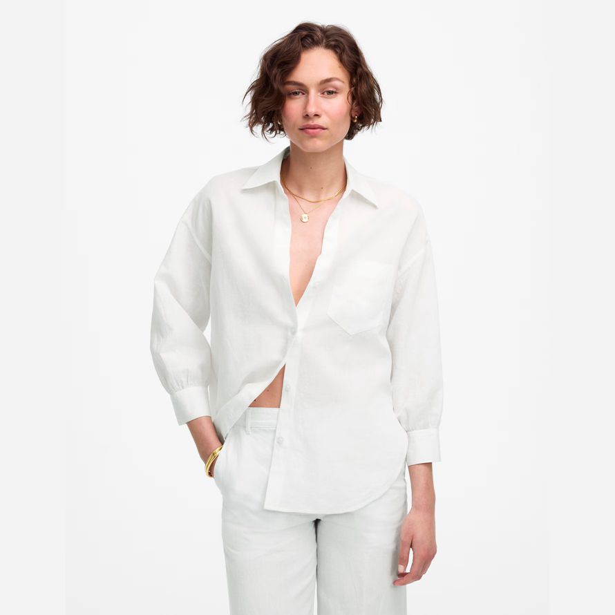 white womens madewell froncé bouton en lin-coton chemises