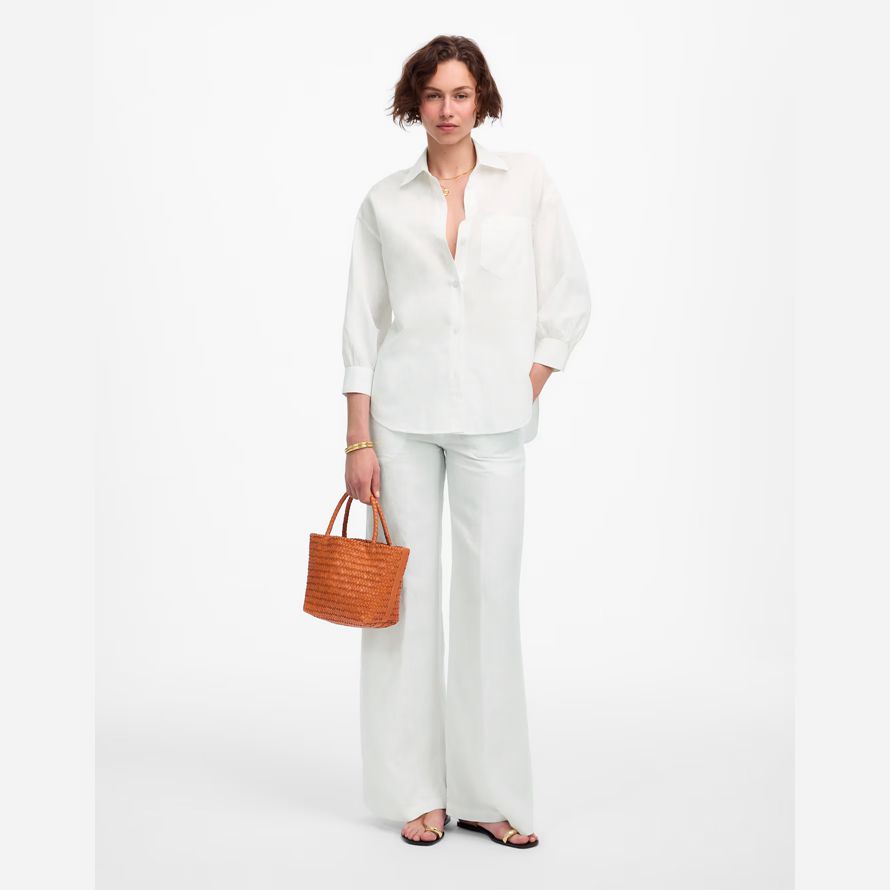 white womens madewell froncé bouton en lin-coton chemises