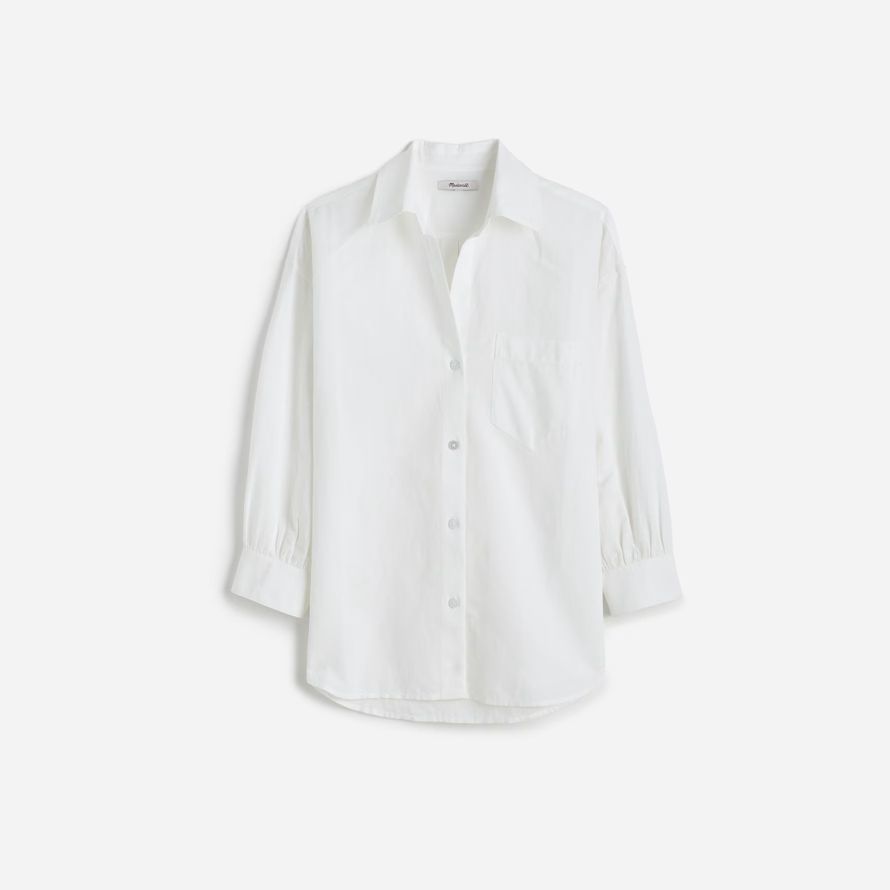 white womens madewell froncé bouton en lin-coton chemises
