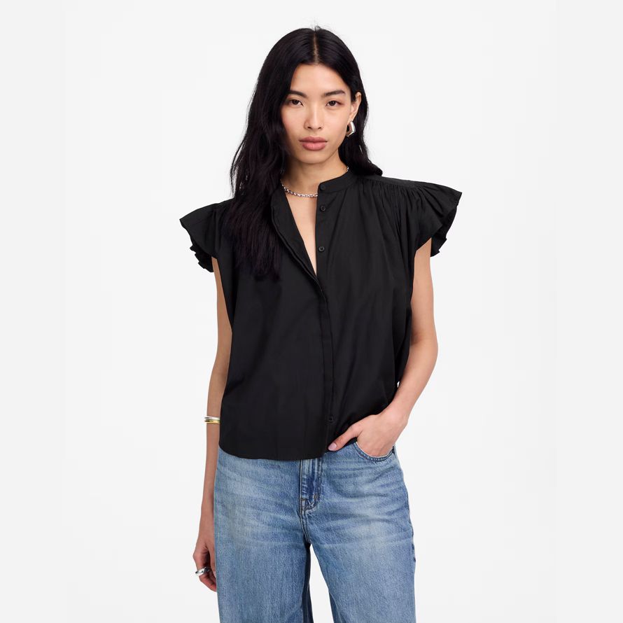 noir madewell popeline froncé de bouton-up womens shirts