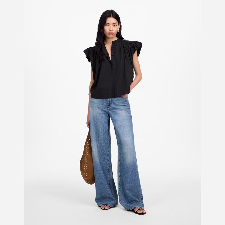 noir madewell popeline froncé de bouton-up womens shirts