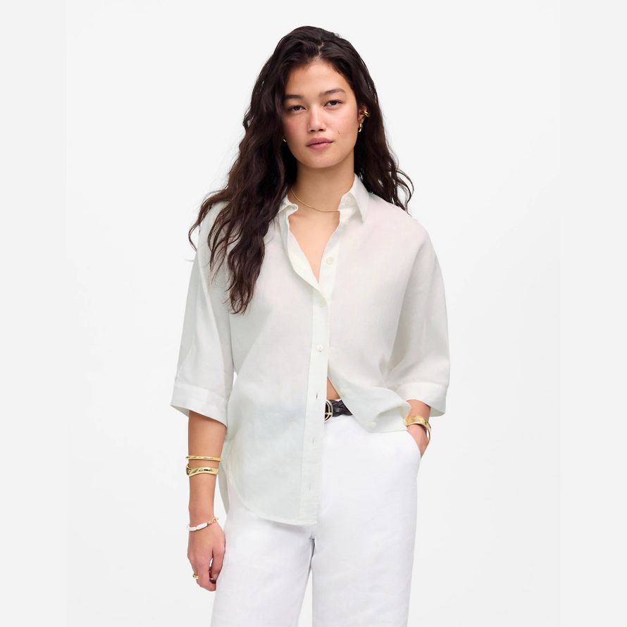 white womens madewell surdimensionné plissée À manches bouton-up maillots de