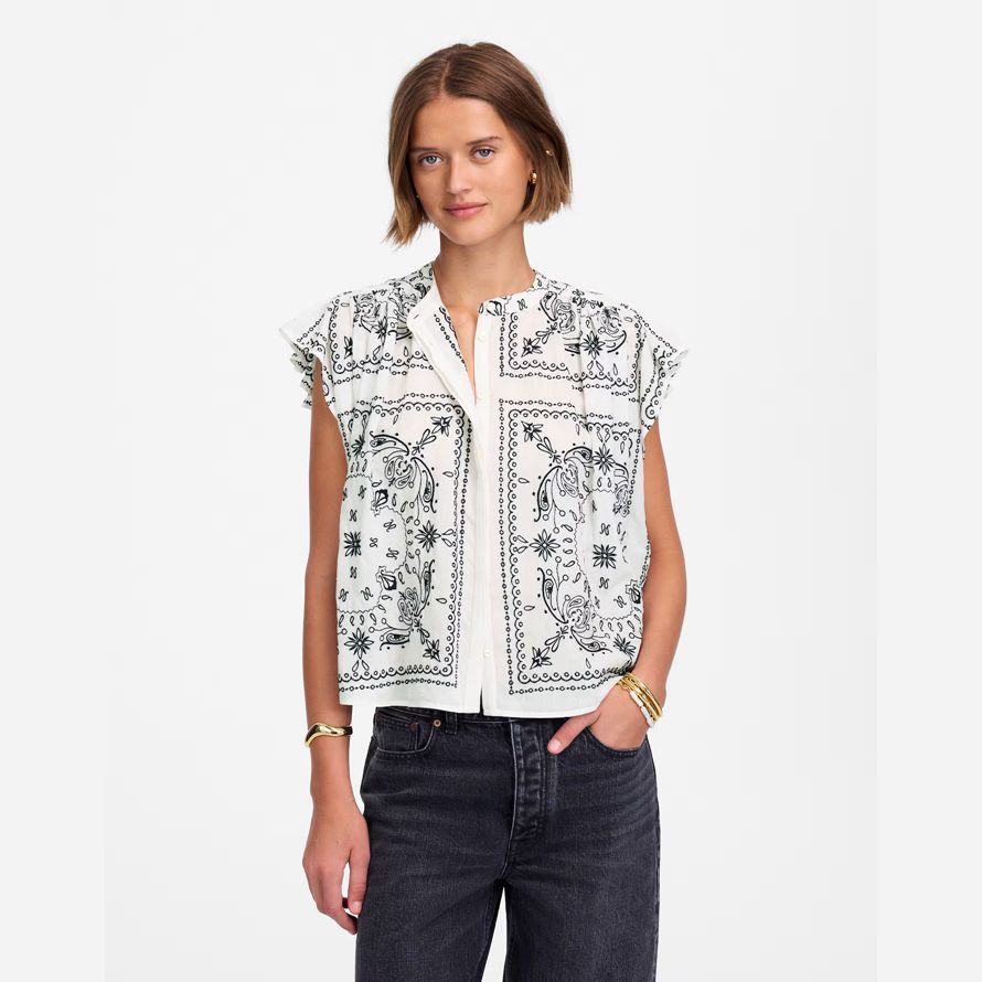 white navy womens madewell popeline froncé de bouton-up maillots de