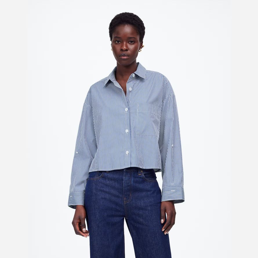 blue white womens madewell droite ourlet shirts
