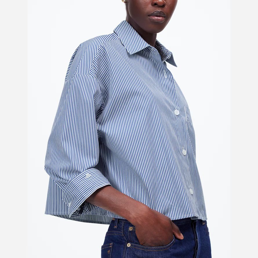 blue white womens madewell droite ourlet shirts