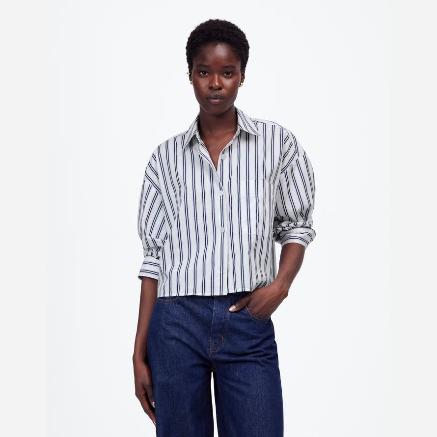 madewell droite ourlet womens shirts blanc bleu