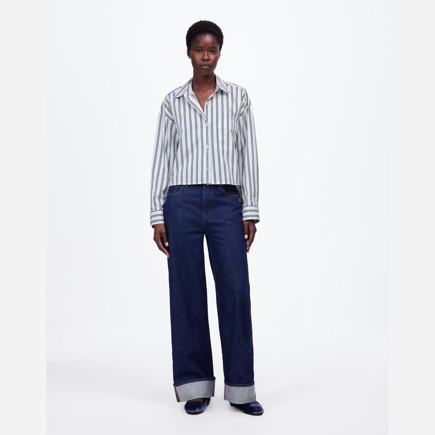 madewell droite ourlet womens shirts blanc bleu