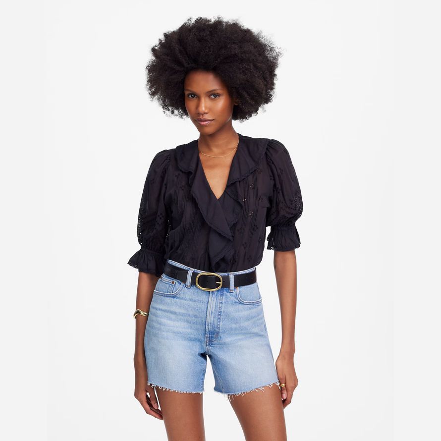 madewell millésime parfait de la mi-longueur denim shorts femmes bleu clair
