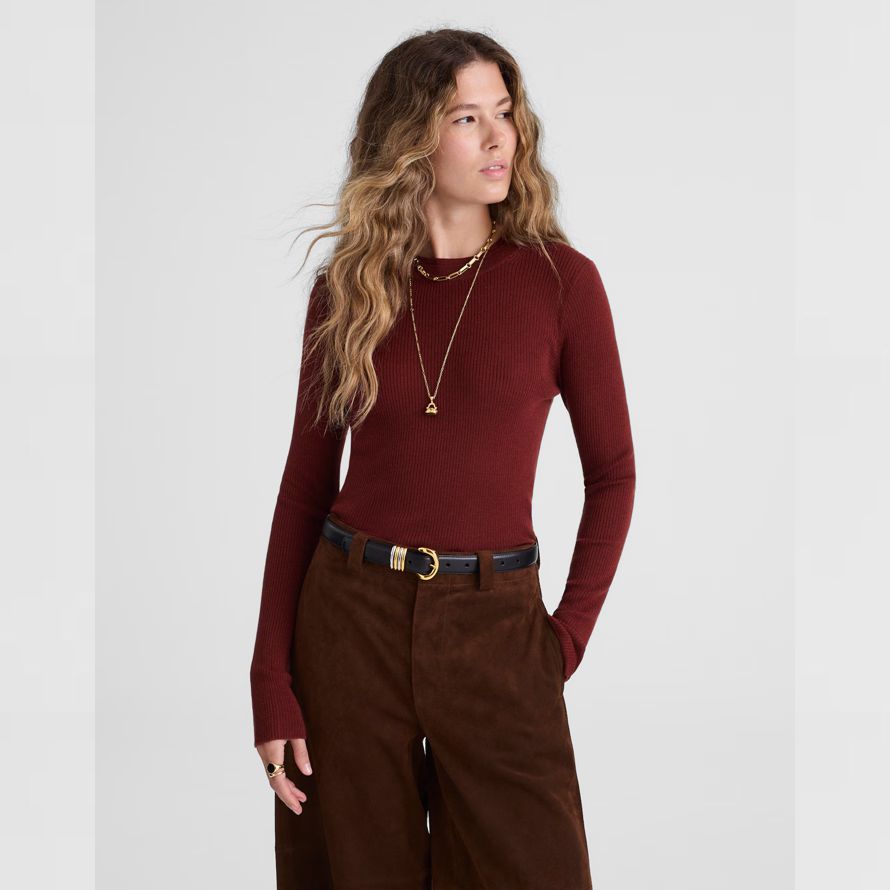 brun-rouge madewell double couche encolure ras du cou en laine mérinos laine soie pour femmes pull