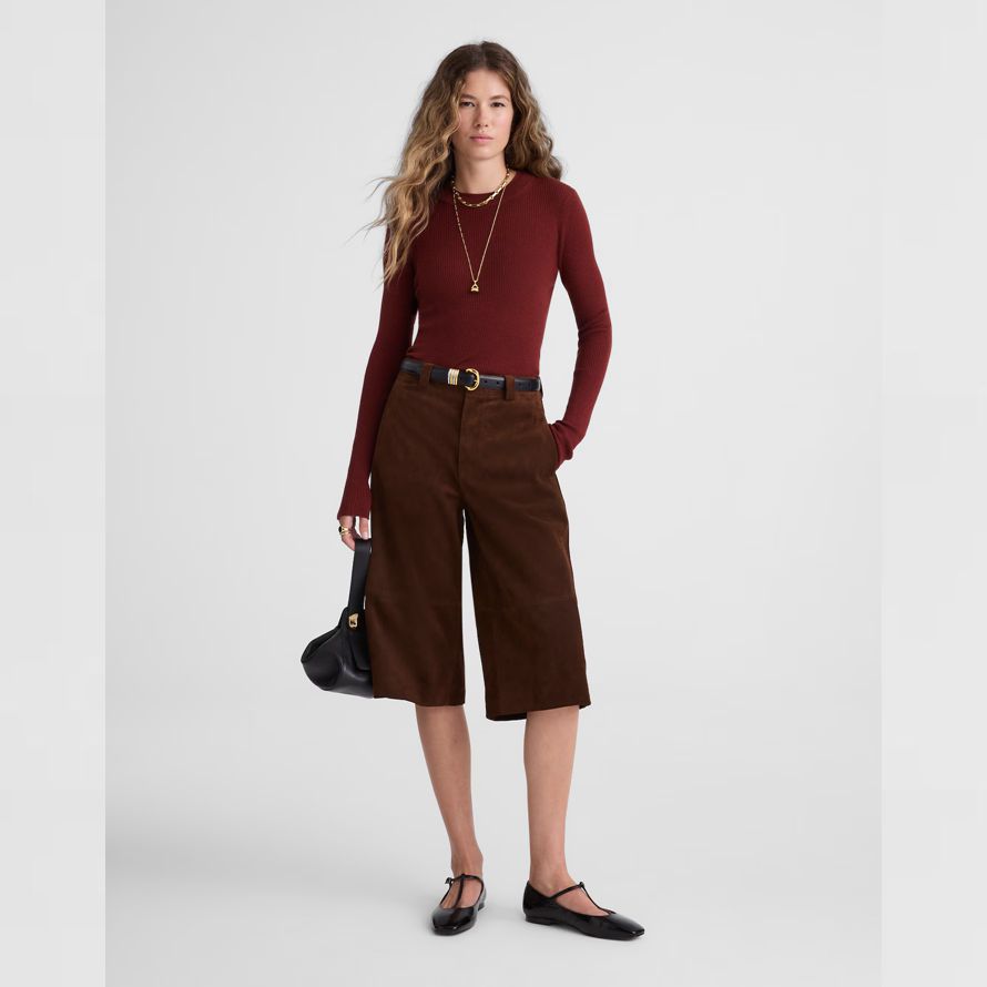 brun-rouge madewell double couche encolure ras du cou en laine mérinos laine soie pour femmes pull