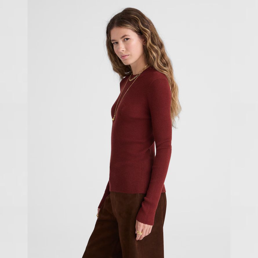 brun-rouge madewell double couche encolure ras du cou en laine mérinos laine soie pour femmes pull