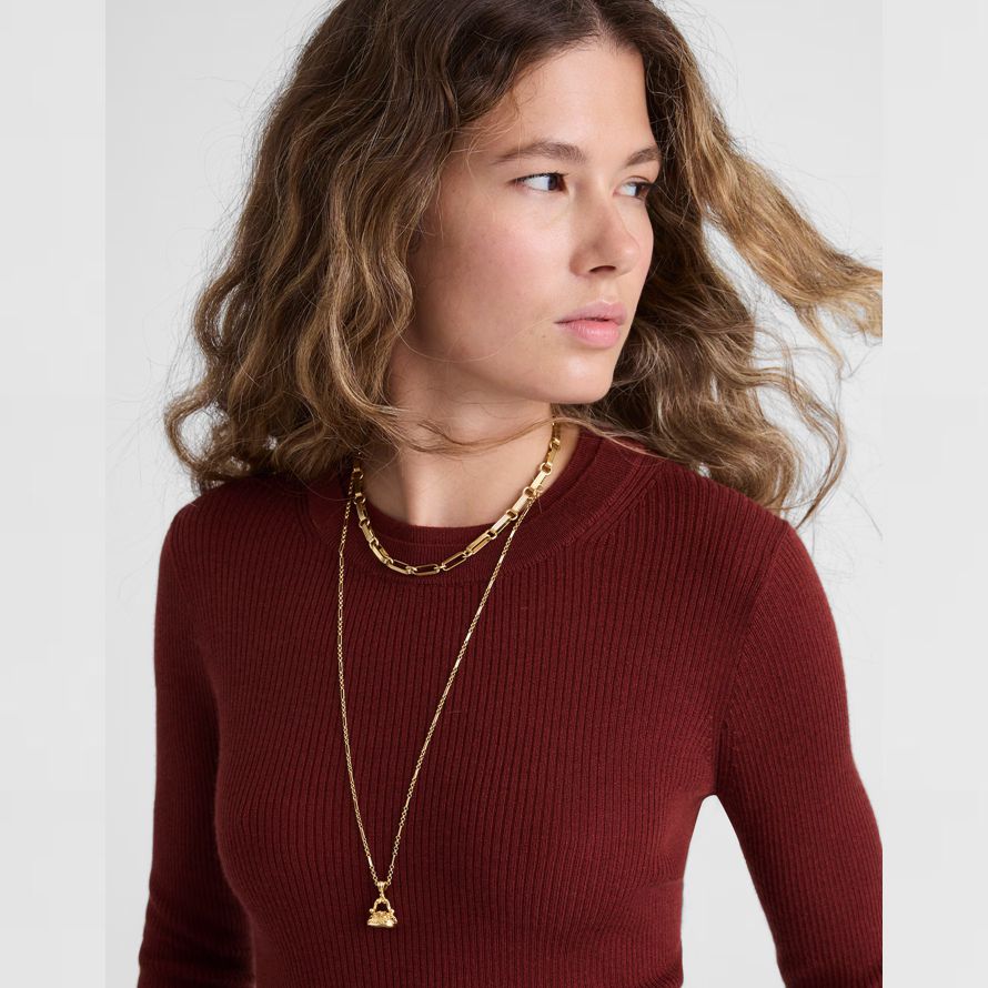 brun-rouge madewell double couche encolure ras du cou en laine mérinos laine soie pour femmes pull