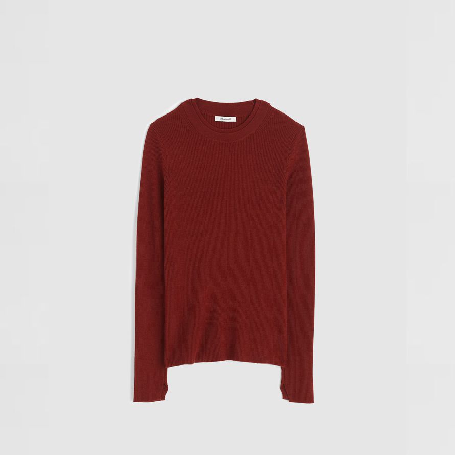 brun-rouge madewell double couche encolure ras du cou en laine mérinos laine soie pour femmes pull