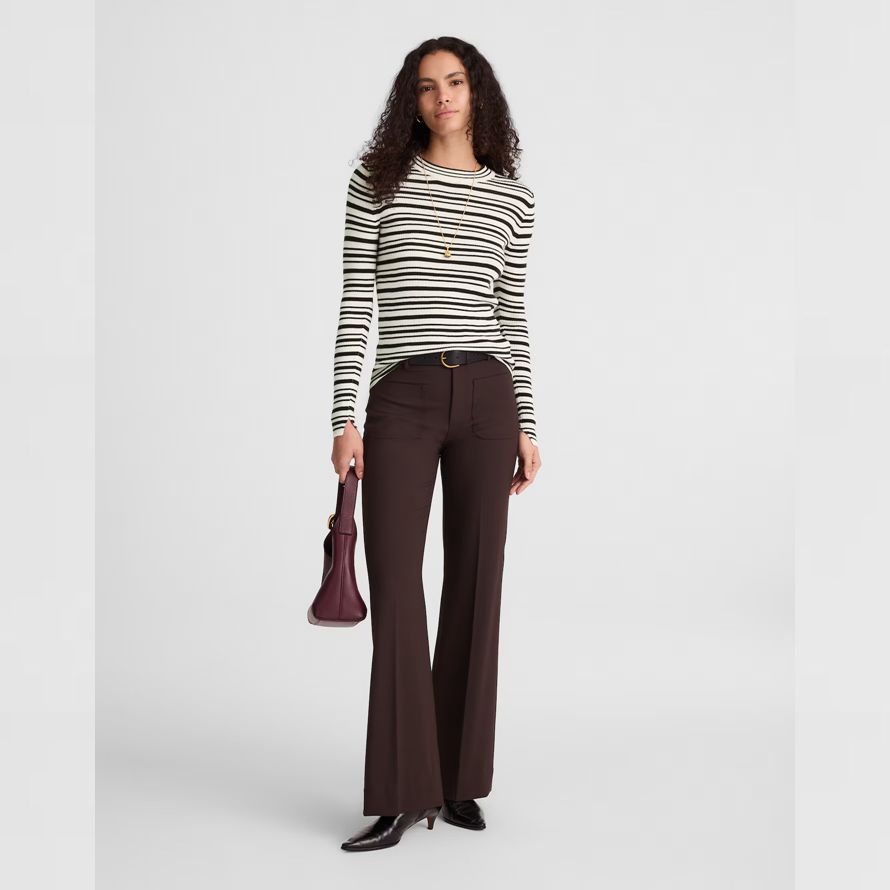 blanc noir madewell double couche encolure ras du cou en laine mérinos laine soie pour femmes pull