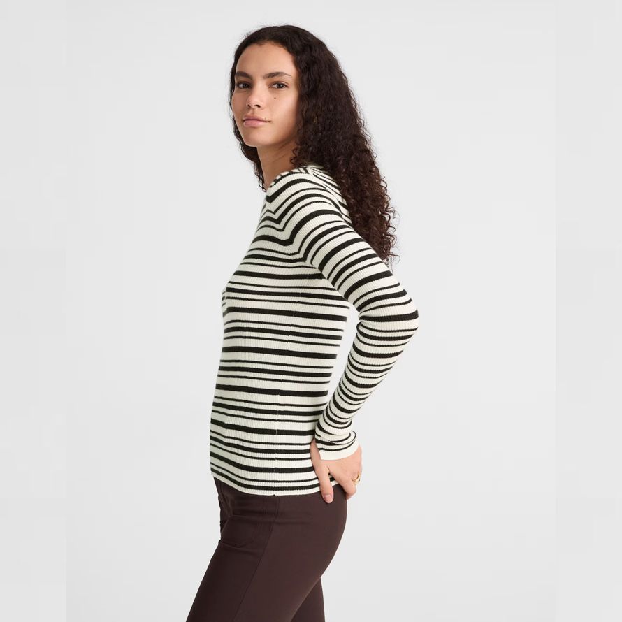 blanc noir madewell double couche encolure ras du cou en laine mérinos laine soie pour femmes pull