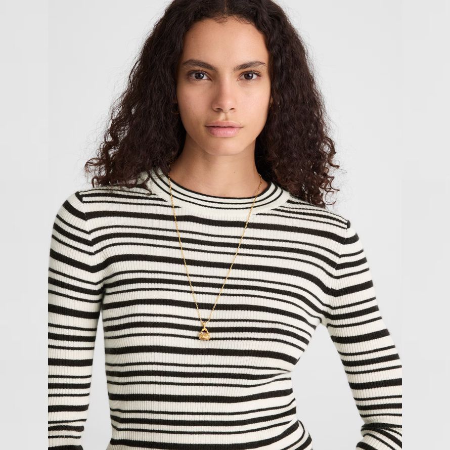 blanc noir madewell double couche encolure ras du cou en laine mérinos laine soie pour femmes pull