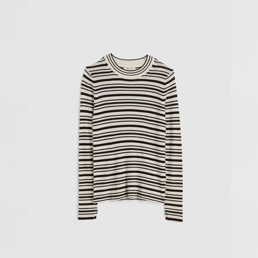 blanc noir madewell double couche encolure ras du cou en laine mérinos laine soie pour femmes pull