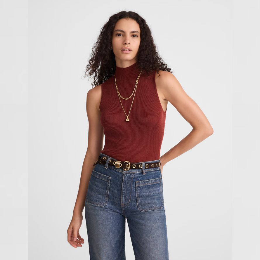 madewell en laine mérinos soie sans manches femmes pull-over rouge brun