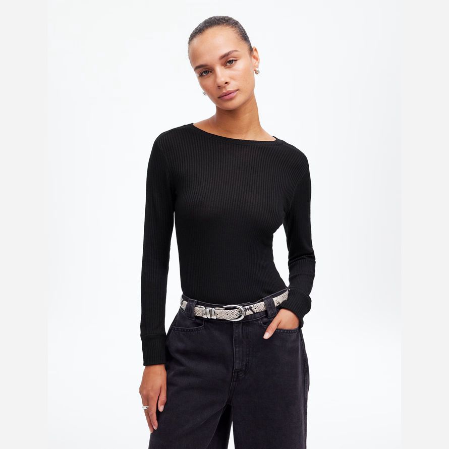 womens madewell côtelée encolure ras du cou À manches longues t-shirts noir