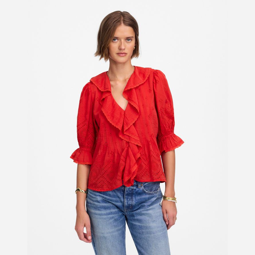 red womens madewell volants feuilletée-haut À manches