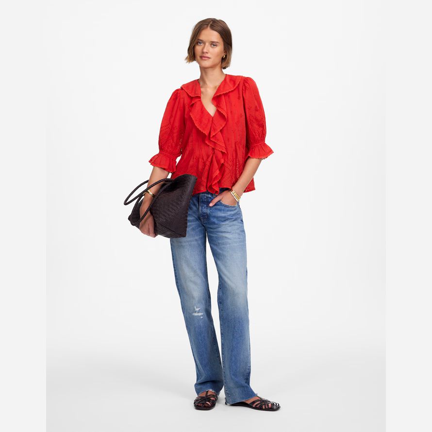 red womens madewell volants feuilletée-haut À manches